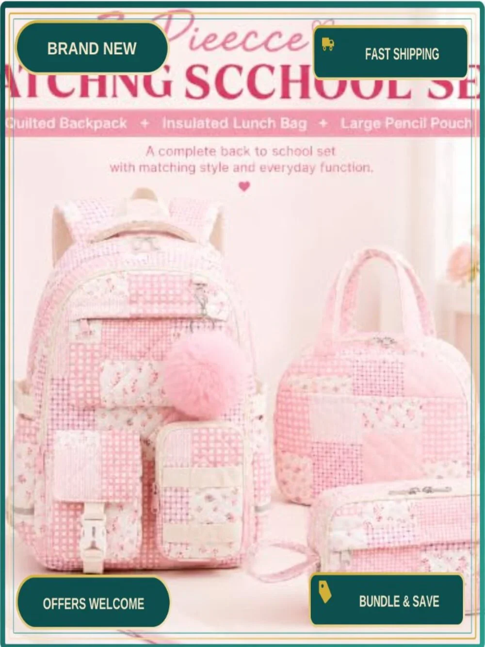 Quilted Patchwork Backpack Set with Insulated Lunch Bag & Pencil Case, Floral